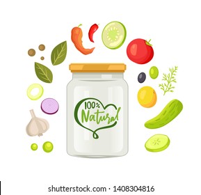 Bin of natural food, vegetables slices of cucumber, bow, garlic and pepper, leaves of basil, hot-pepper and tomato, parsley and zucchini around jar vector