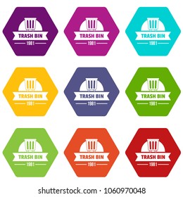 Bin plastic icons 9 set coloful isolated on white for web