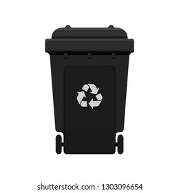 Bin, Recycle plastic black wheelie bin for waste isolated on white background, Black bin with recycle waste symbol, Front view of recycle wheelie bin black color for garbage waste (vector)