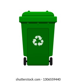 Bin, Recycle plastic green wheelie bin for waste isolated on white background, Green bin with recycle waste symbol, Front view of recycle wheelie bin green color for garbage waste (vector)