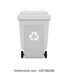 Bin, Recycle plastic grey wheelie bin for waste isolated on white background, White grey bin with recycle waste symbol, Front view of recycle wheelie bin grey color for garbage waste (vector)