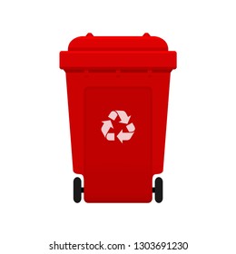 Bin, Recycle plastic red wheelie bin for waste isolated on white background, Red bin with recycle waste symbol, Front view of recycle wheelie bin red color for garbage waste (vector)