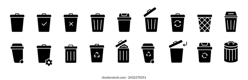 Bin silhouette icon set. Trash, garbage, waste icons collection. Bin, bucket symbols icons silhouette
