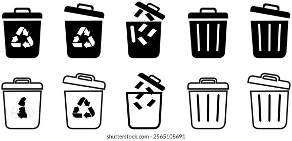 Bin silhouette icon set. Trash, garbage, waste icons collection. Bin, bucket symbols icons silhouette