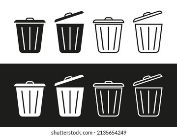 Iconos de papelera. Iconos de basura. Dustbins aislados sobre fondo blanco y negro. Símbolos de línea para residuos. Logo de la basura. Basura plana. Vector.