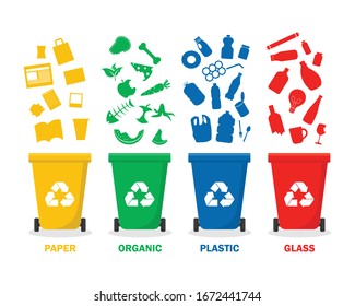 Bin type isolated on white background. vector illustration flat design. different colored trash bins. paper, organic, plastic and glass waste suitable for recycling. Waste management concept.