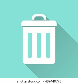 Bin vector icon with long shadow. White illustration isolated on green background for graphic and web design.