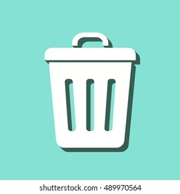 Bin vector icon with shadow. White illustration isolated on green background for graphic and web design.
