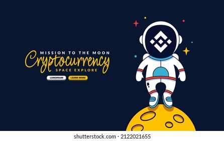 Astronauta de Binance parado en el fondo de la caricatura de la Luna, fondo de Misión a la Luna, minería de criptografía y concepto financiero