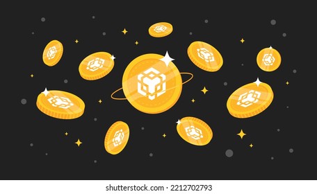 Binance Coin (BNB) coins falling from the sky. BNB cryptocurrency concept banner background.