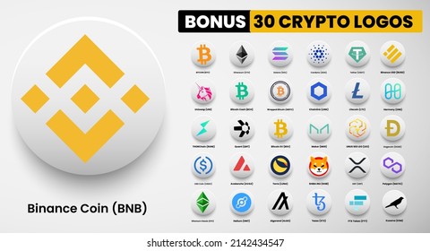 Binance Coin BNB crypto logo symbols of cryptocurrency. Set of Bitcoin, Ethereum, Solana, Binance Coin, Kusama, litecoin,avalanche, chainlink, maker, dogecoin, USD Coin, Shiba Inu, Polygon and Quant