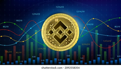 Binance Coin BNB cryptocurrency blockchain Future digital currency replacement technology. alternative currency, Silver golden stock chart, stock numbers up down in background. 3D Vector illustration 