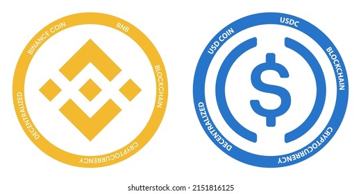 Binance Coin BNB und USD Coin USDC Kryptologos. Vektorgrafik-Symbolsatz
