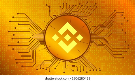 Símbolo criptodivisa de la moneda de binancia, icono de la moneda de BNB en círculo con pcb sobre fondo dorado. Oro digital en estilo tecno para sitio web o banner. EPS10 vectores.