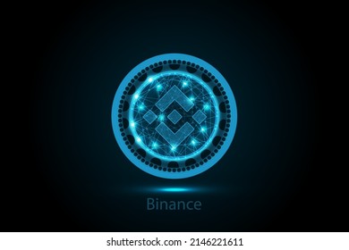 Binance coin symbol with lights and wireframe low poly style. Modern neon color logo or icon for crypto coin exchange. Cryptocurrency Blockchain technology, digital innovation or trade exchange.