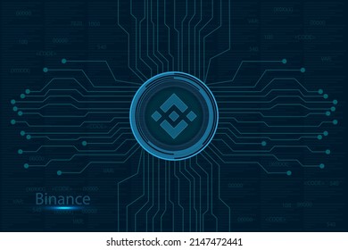 Símbolo de la moneda de binancia con luces y circuito del bastidor. Logo o icono moderno de color neón para el intercambio de monedas criptográficas. Tecnología de Cryptocurrency Blockchain, innovación digital o intercambio comercial.