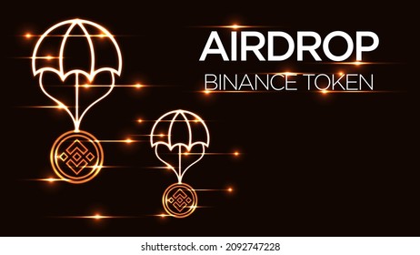 Binance crypto currency airdrop golden background, BNB token with parachute illustration, blockchain prizes. svg