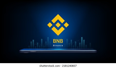 Binance crypto currency token symbol come out from smartphone. Coin icon on dark background. Trading cryptocurrency in stock market on application. For website or banner. Vector illustrator.