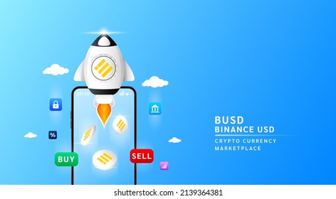 Binance USD (BUSD) coin with spaceship flying leave smartphone to the sky. App for trading crypto currency in stock market. Mobile banking cryptocurrency wallet. 3d Vector illustration.