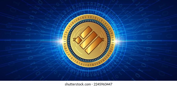 Binance USD (BUSD) crypto currency coin on futuristic technology background vector. Blockchain based virtual money concept banner, poster and wallpaper illustration