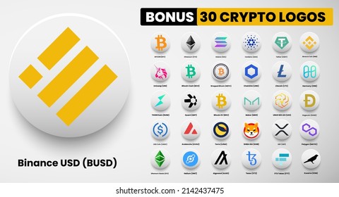 Binance USD BUSD crypto logo symbols of cryptocurrency. Set of Bitcoin, Ethereum, Solana, Binance Coin, Algorand, litecoin,avalanche, chainlink, maker, dogecoin, USD Coin, Shiba Inu and Polygon