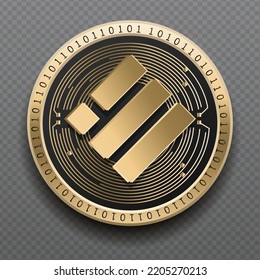 Binance USD (BUSD) cryptocurrency golden coin isolated in transparent background. Virtual currency token symbol vector illustration based on cryptography and block chain technology.