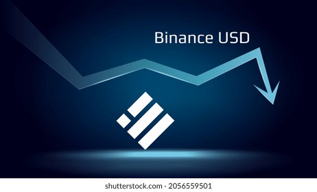 Binance USD BUSD in downtrend and price falls down. Cryptocurrency coin symbol and down arrow. Crushed and fell down. Cryptocurrency trading crisis and crash. Vector illustration.