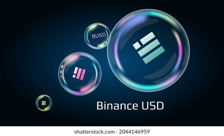 Binance USD BUSD token symbol in soap bubble. The financial pyramid will burst soon and destroyed. Vector illustration.