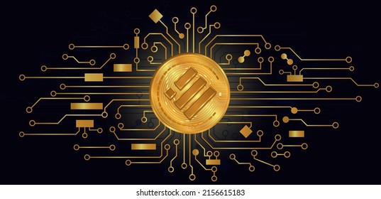 Binance usd BUSD.Fondo de tecnología con circuito.Logotipo BUSD negro con placa de circuito de oro.Concepto de moneda criptográfica.