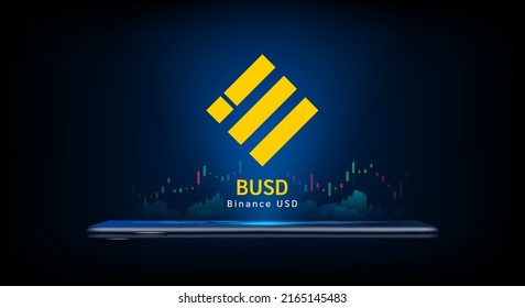 Binance USD cryptocurrency symbol come out from smartphone with growth chart. Trading crypto currency on application. Financial investment banner for news or website. Icon coin token vector EPS10.