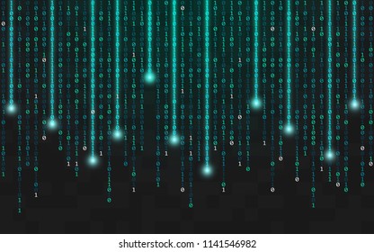 Binary background. Running bright code with lights. Falling digits on dark backdrop. Hacker concept. Abstract glowing numbers. Vector illustration.