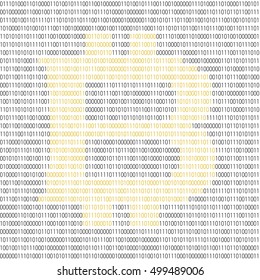 Binary blockchain concept. Vector illustration with bitcoin emblem in the center and 0 and 1 numbers as computer code on white background.