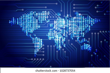 binary circuit board future technology, blue cyber security concept background, abstract hi speed digital internet.motion move blur. world map pixel vector