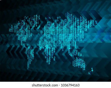 binary circuit board future technology, blue cyber security concept background, abstract hi speed digital internet.motion move blur.  world map pixel vector
