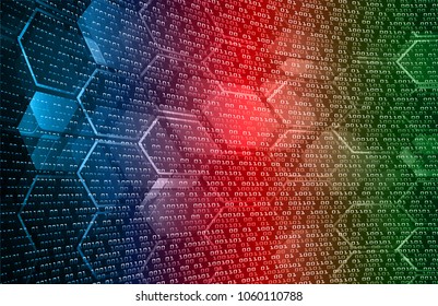 binary circuit board future technology, blue red green cyber security concept background, abstract hi speed digital internet.motion move. Hexagon honeycomb vector