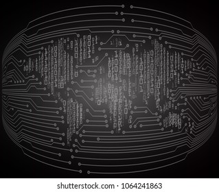 binary circuit board future technology, black cyber security concept background, abstract hi speed digital internet.motion move blur. world map pixel vector