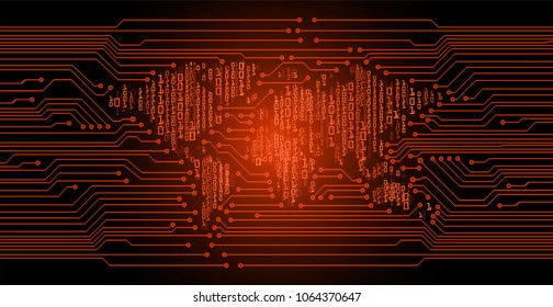 binary circuit board future technology, orange cyber security concept background, abstract hi speed digital internet.motion move blur. world map pixel