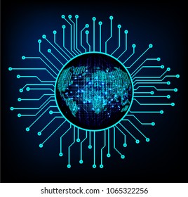binary circuit board future technology, blue cyber security concept background, abstract hi speed digital internet.motion move blur. world map pixel vector