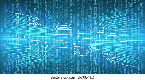 binary circuit board future technology, blue cyber security concept background, abstract hi speed digital internet.motion move blur. pixel vector