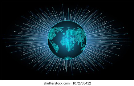 Binary circuit board future technology, blue cyber security concept background, abstract hi speed digital internet.motion move blur. pixel world map