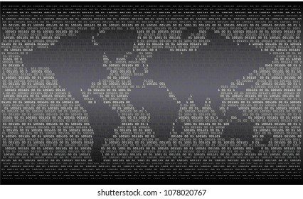 Binary circuit board future technology, blue cyber security concept background, abstract hi speed digital internet.motion move blur. pixel world map