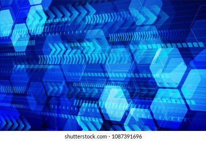 binary circuit board future technology, blue cyber security concept background, abstract hi speed digital internet.motion move blur. Hexagon arrow pixel vector