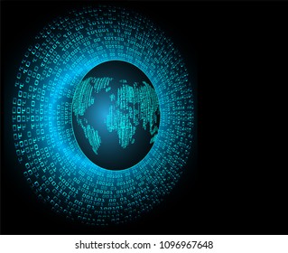 binary circuit board future technology, blue cyber security concept background, abstract hi speed digital internet. World map vector. 