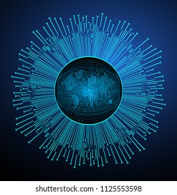 binary circuit board future technology, blue cyber security concept background, abstract hi speed digital internet.motion move blur. world map vector