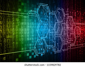 binary circuit board future technology, blue yellow red cyber security concept background, abstract hi speed digital internet.motion move blur. pixel vector