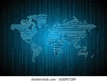 binary circuit board future technology, blue cyber security concept background, abstract hi speed digital internet. world map. pixel vector
