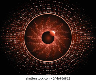 binary circuit board future technology, orange eye cyber security concept background, abstract hi speed digital internet.motion move blur. pixel vector