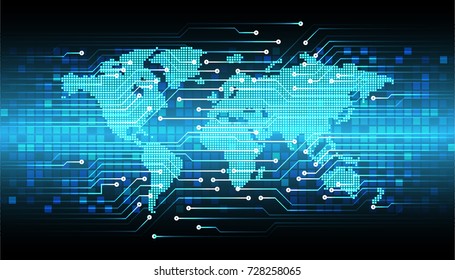 binary circuit board future technology, blue cyber security concept background, abstract hi speed digital internet.motion move blur. pixel world map