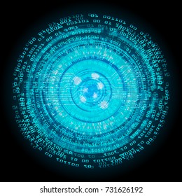 binary circuit board future technology, blue Circle eye cyber security concept background, abstract hi speed digital internet.motion move blur. pixel vector. 