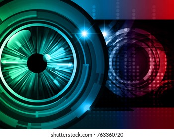 binary circuit board future technology, blue green red Circle eye cyber security concept background, abstract hi speed digital internet.motion move blur. pixel vector